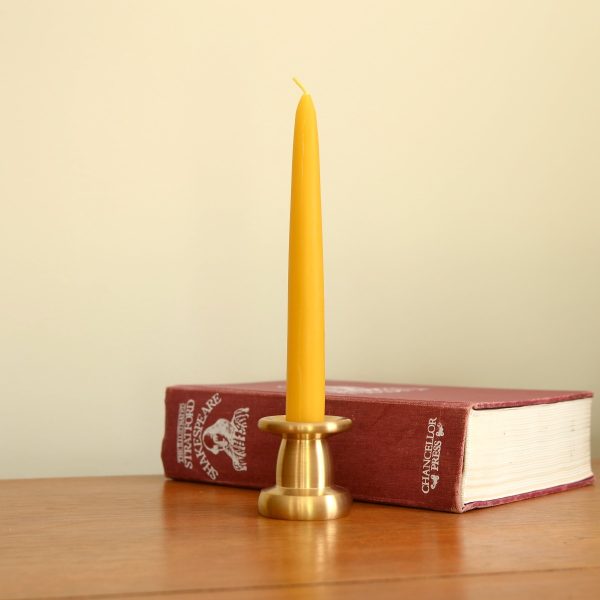 solid brass candle holder with a tall tapered dinner candle standing in front of an old book.
