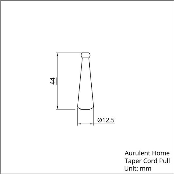 solid brass cord pull handle with conical shape, drawing showing dimensions