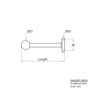 solid brass curtain holdback with ball shaped end, drawing showing dimensions
