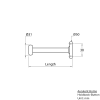 solid brass curtain holdback with button shaped end, drawing showing dimensions.