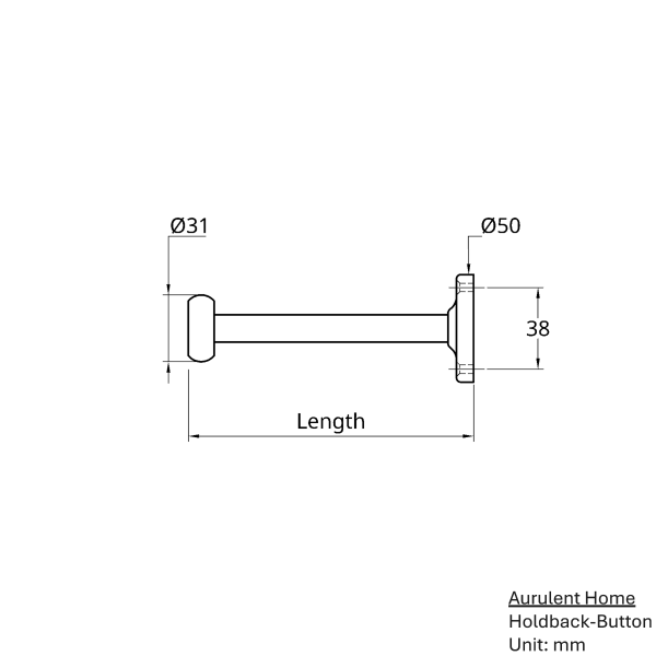 solid brass curtain holdback with button shaped end, drawing showing dimensions.