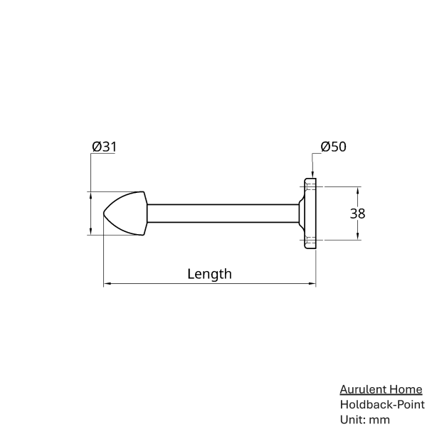 solid brass curtain holdback with pointed end, drawing showing dimensions.