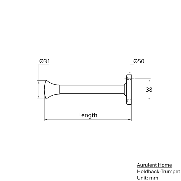 solid brass curtain holdback with trumpet shaped end, drawing showing dimensions