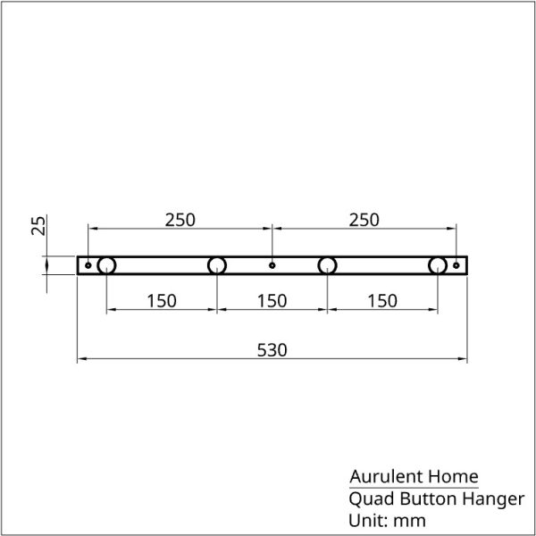 solid brass quad wall hanger hook, drawing showing dimensions.