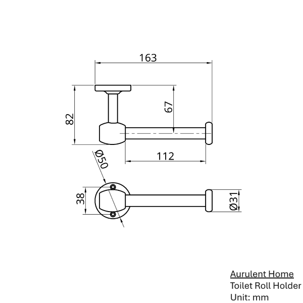 solid brass toilet roll holder, drawing showing dimensions.